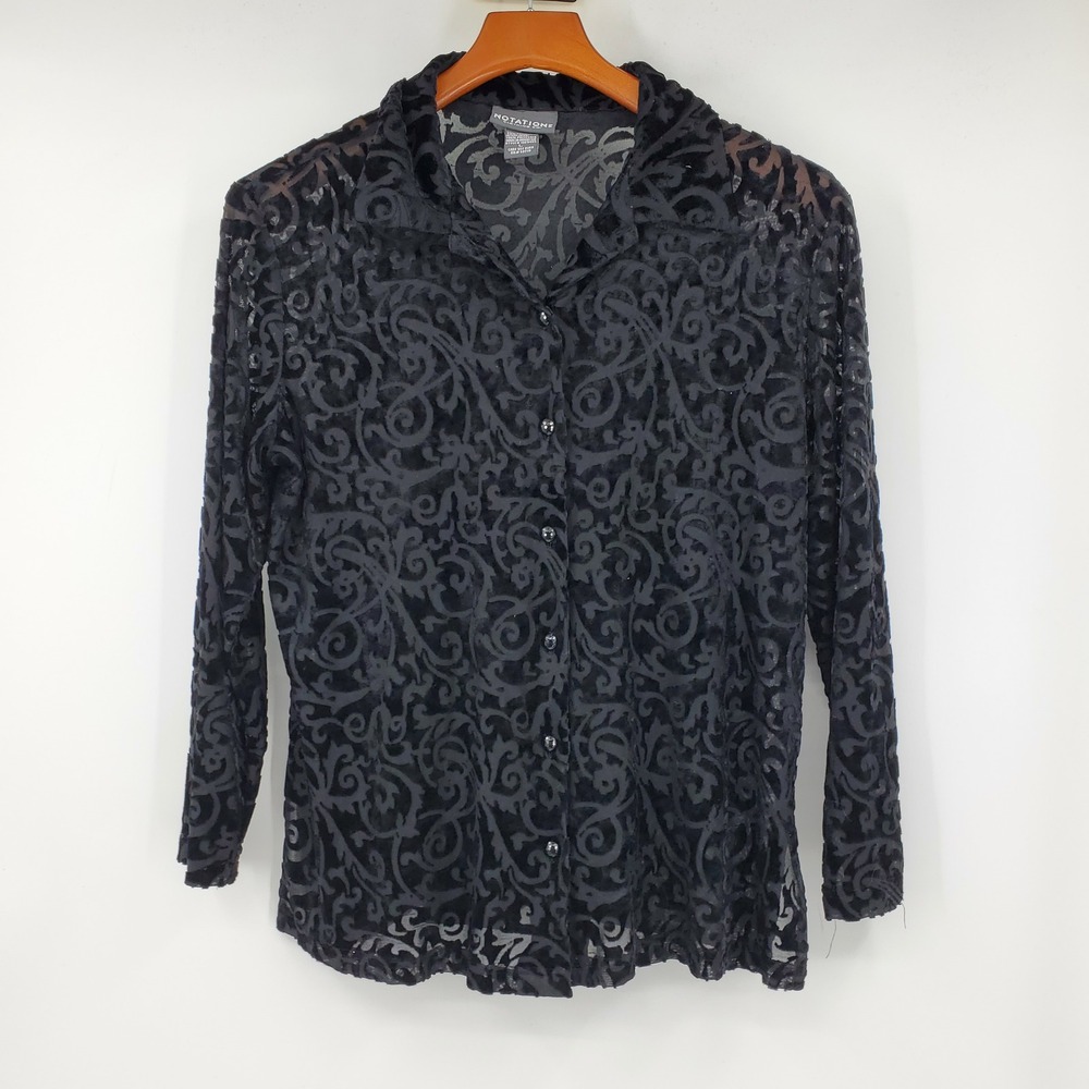 Notations Black Burnout Velvet  Sheer Button Down Shirt Large Goth Witchy Grunge
